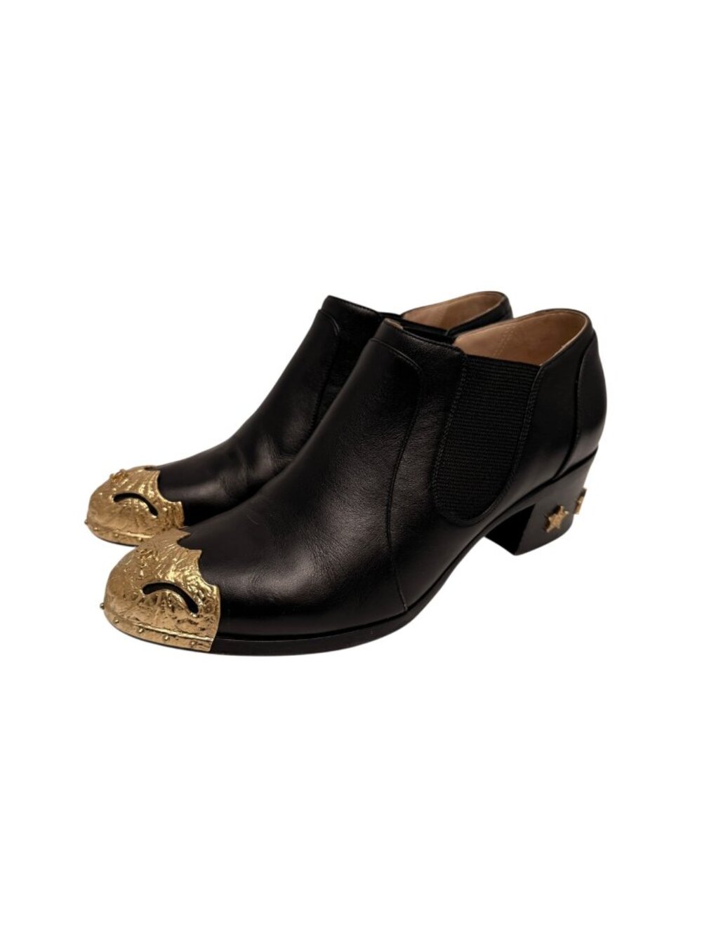CHANEL Black Leather Paris Dallas Gold-Tone Metal Cap Toe Ankle Boots